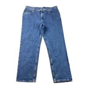 Y2K / 2000s Lee Jeans Men 42x30 Blue Cotton Denim Relaxed Fit Straight Leg Patch